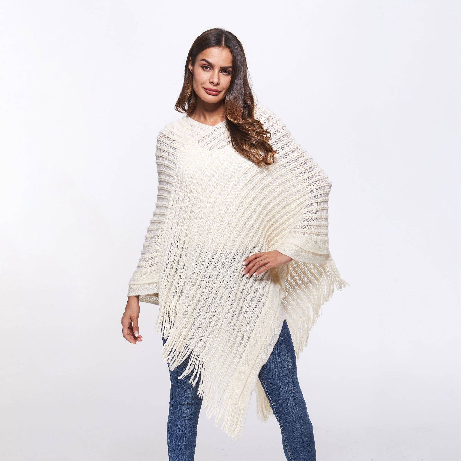 SZ60183-1 Loose Style Tassels Knit Irregular Cloak Sweater